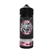 A 100ml bottle of Lush Ruthless e-liquid with a black label and pink accents, indicating a nicotine-free mix and available in various flavors.